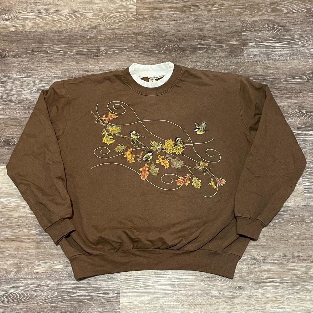 Vintage Bird Nature Sweatshirt Sz XL Chickadee Autumn Leaves Decorated Originals